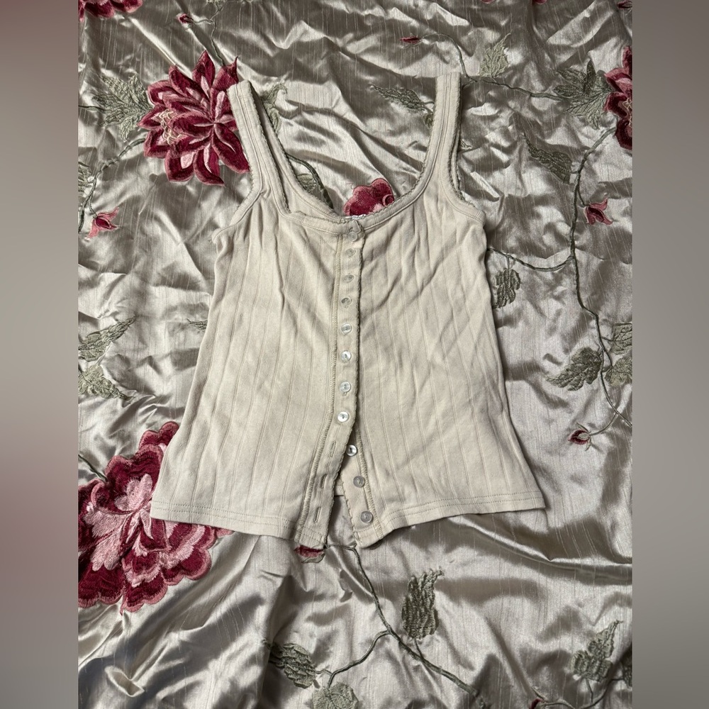 Free People Cream Ribbed Button-Front Camisole